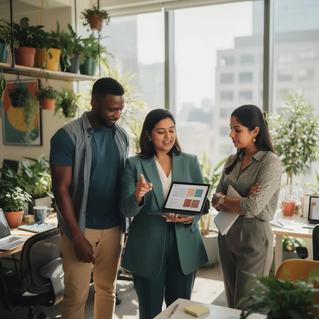 Przykład przestrzeni roboczej z ergonomicznymi meblami i inspirującymi grafikami na ścianach.