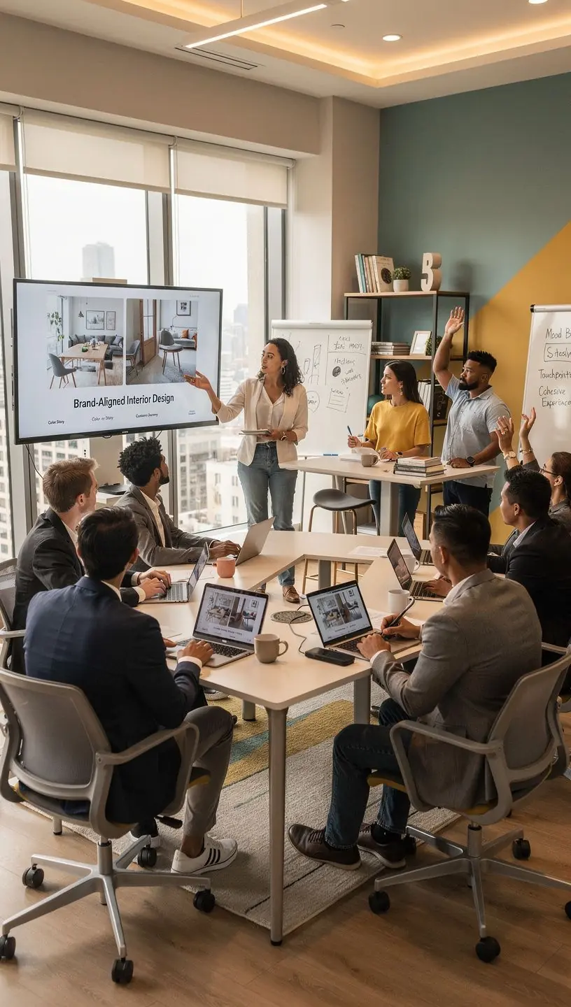 Nowoczesne biuro z elementami marki, w jasnych kolorach i drewnianymi akcentami.